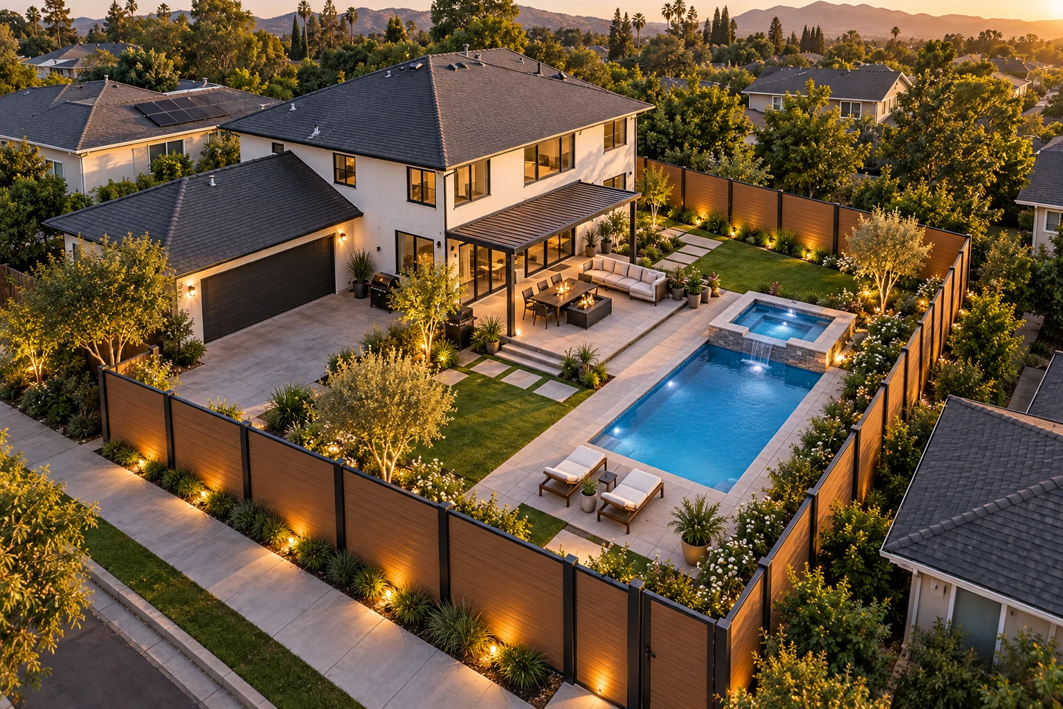 Premium California home, pool and landscaped garden surrounded by warm composite fencing