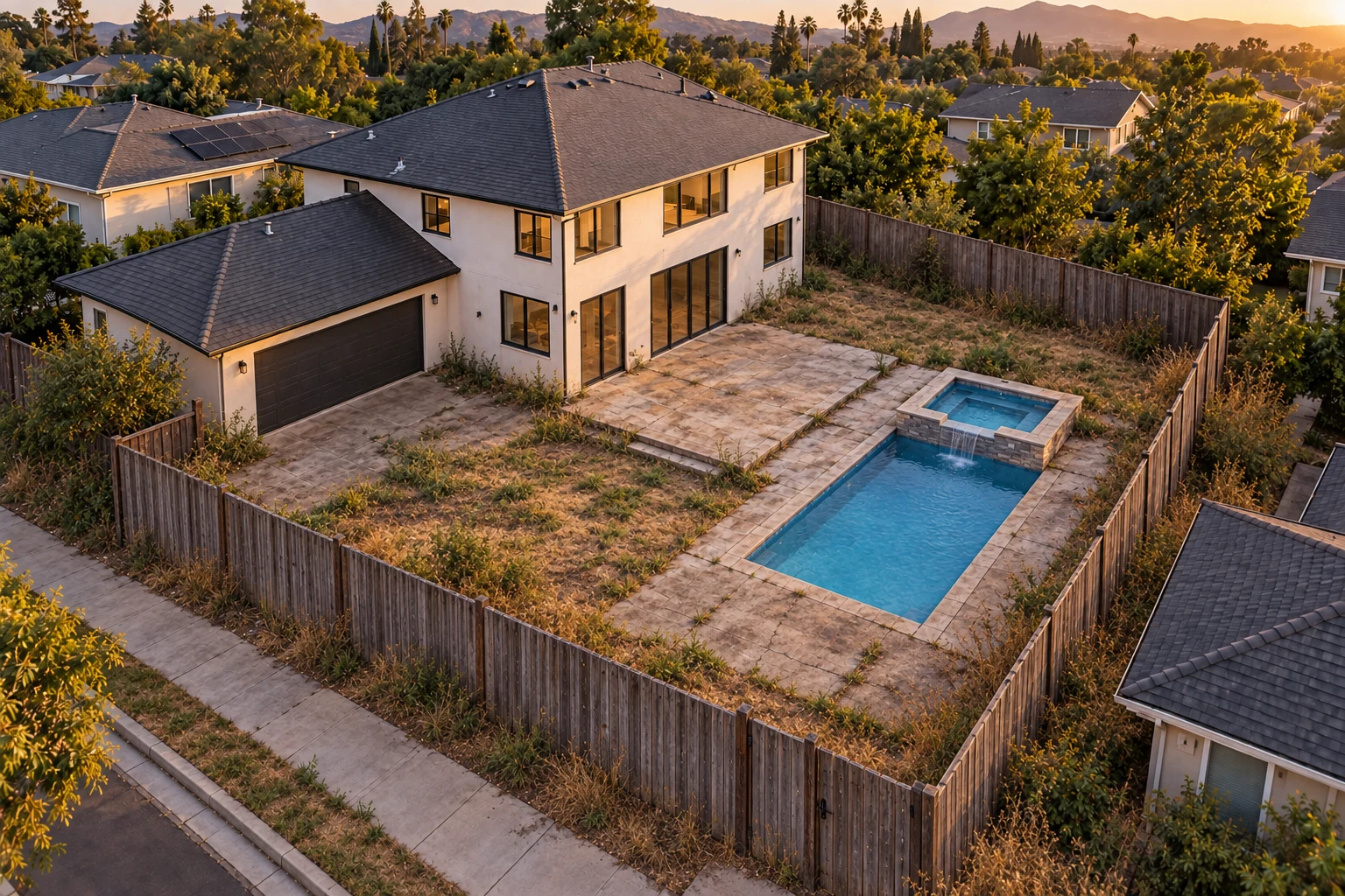 Aerial view of a California home with an older wood fence and an unfinished backyard