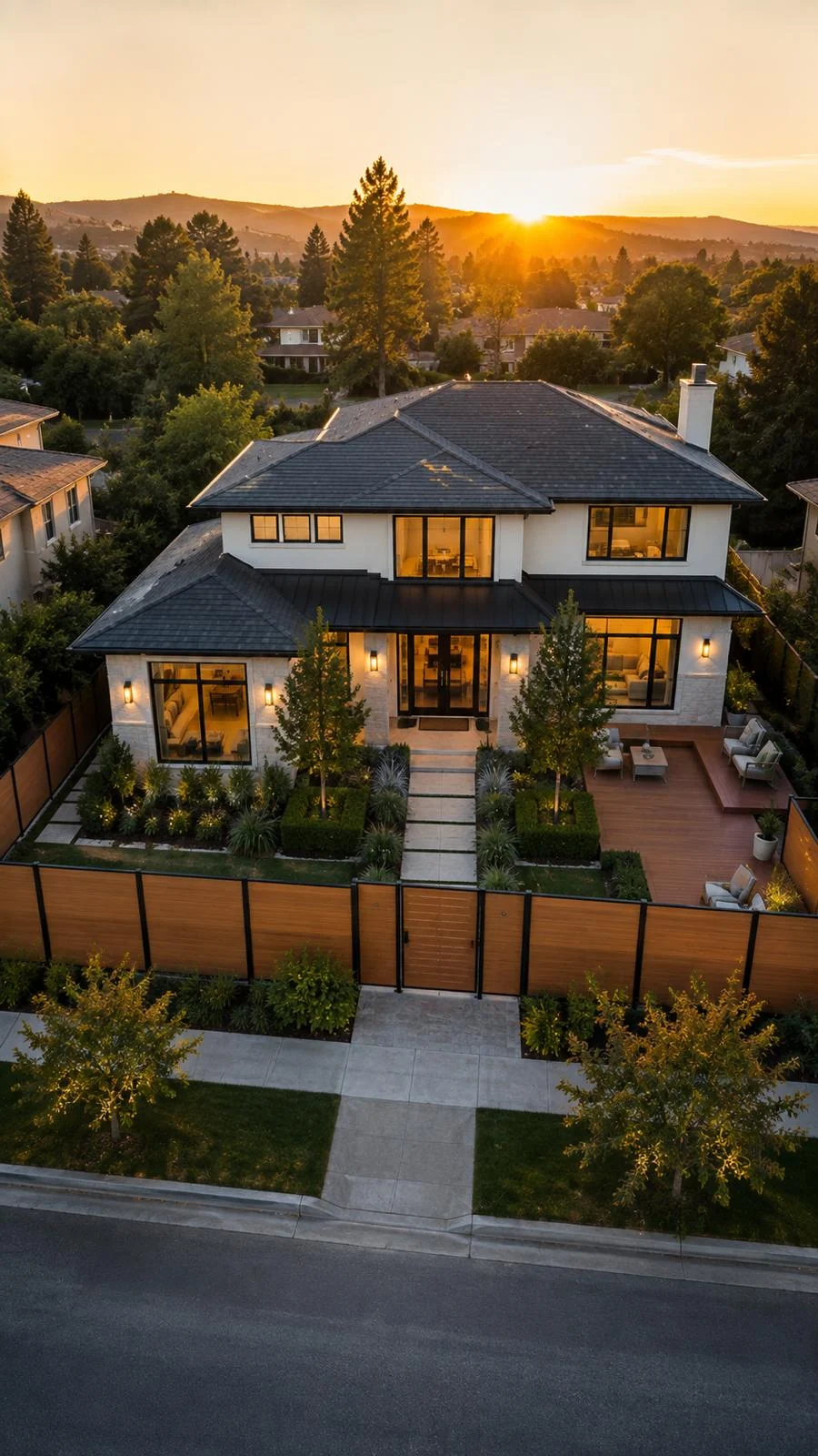 A landscaped California home at sunset surrounded by composite fencing