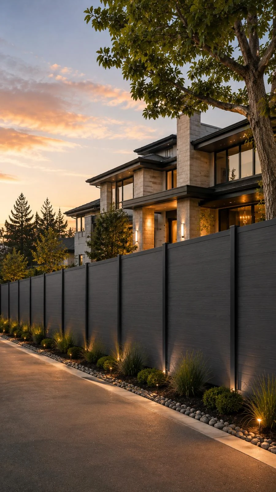 Dark grey horizontal fencing with landscape lighting in front of a contemporary home