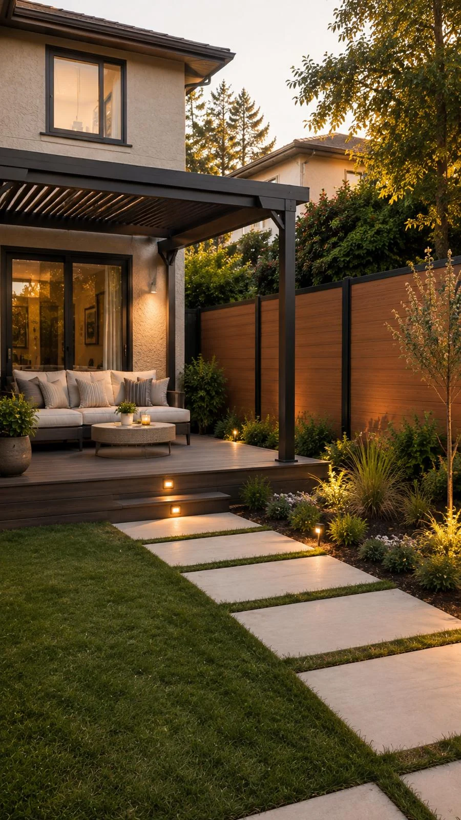 Wood-tone horizontal fencing beside a warmly lit terrace and pergola