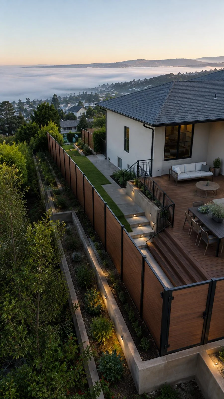 Matching wood-tone gate and fence alongside a landscaped home