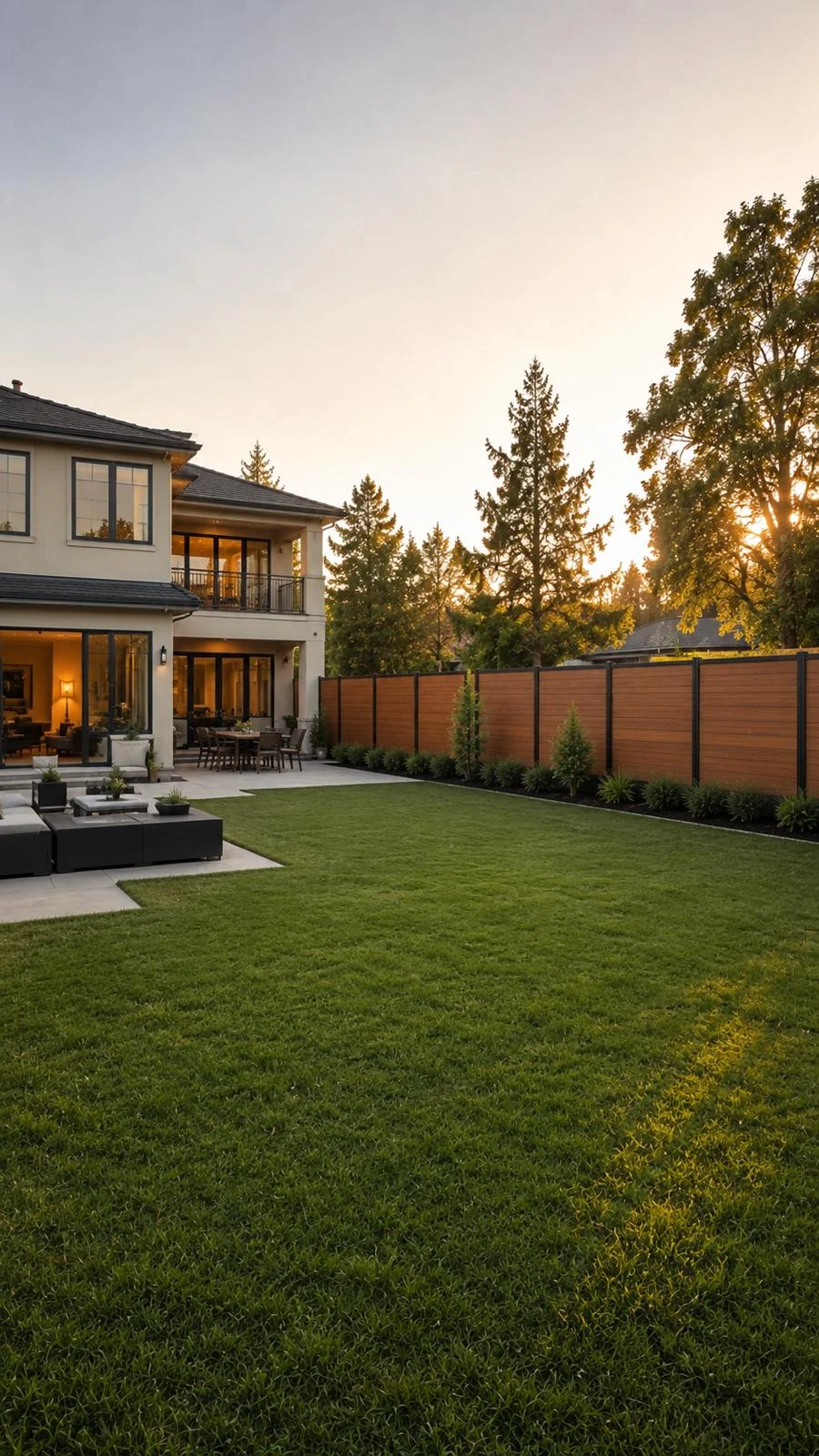 Wood-tone privacy fence in a landscaped garden