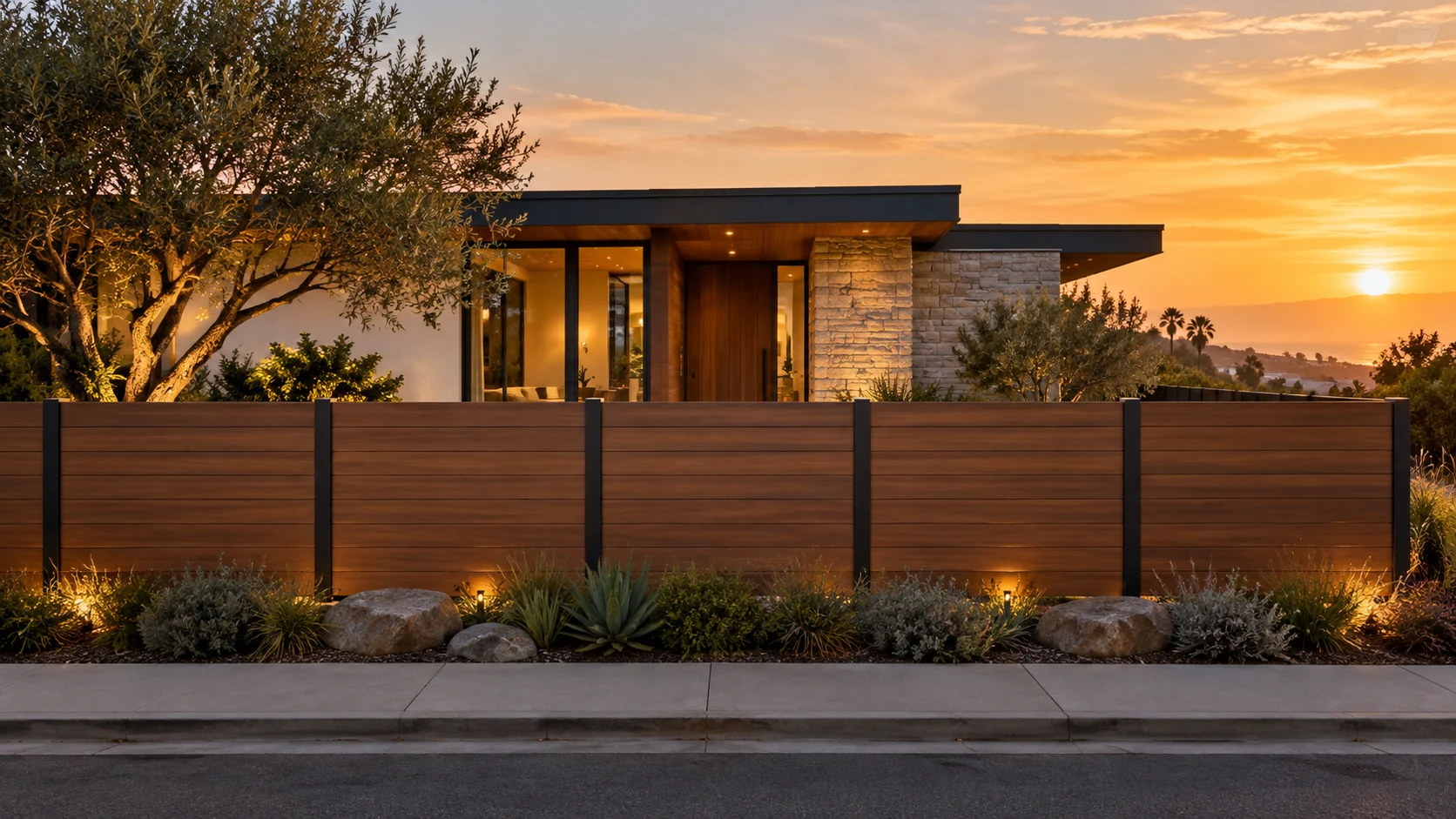A composite fence framing a California home